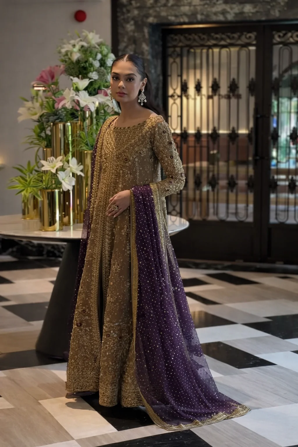 Haris Shakeel Luxury Formals Hand Embellished Addawork Wedding Collection-Tobbaco & Purple - Image 3