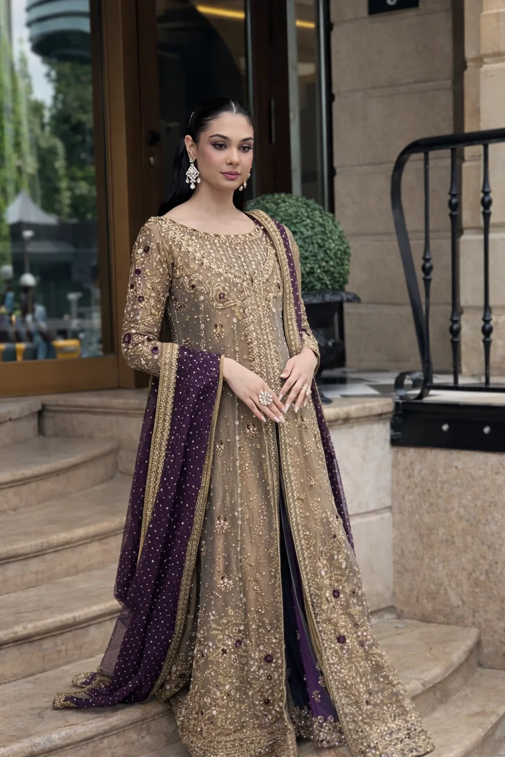 Haris Shakeel Luxury Formals Hand Embellished Addawork Wedding Collection-Tobbaco & Purple - Image 4