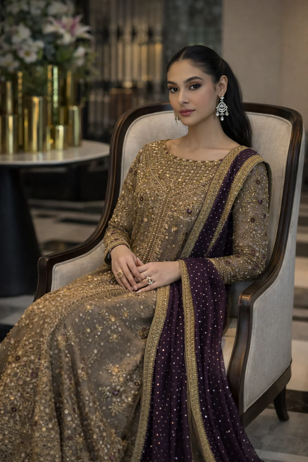 Haris Shakeel Luxury Formals Hand Embellished Addawork Wedding Collection-Tobbaco & Purple - Image 5