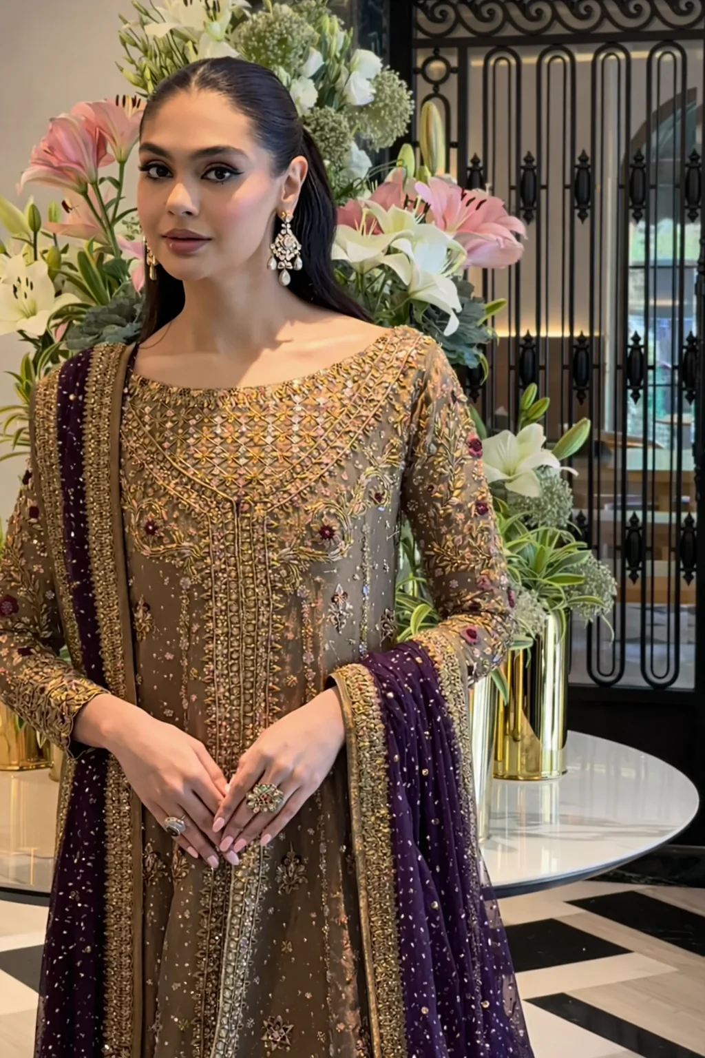 Haris Shakeel Luxury Formals Hand Embellished Addawork Wedding Collection-Tobbaco & Purple - Image 6
