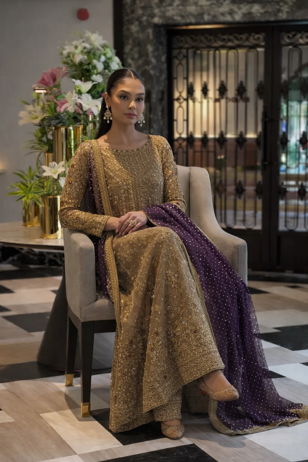 Haris Shakeel Luxury Formals Hand Embellished Addawork Wedding Collection-Tobbaco & Purple - Image 7