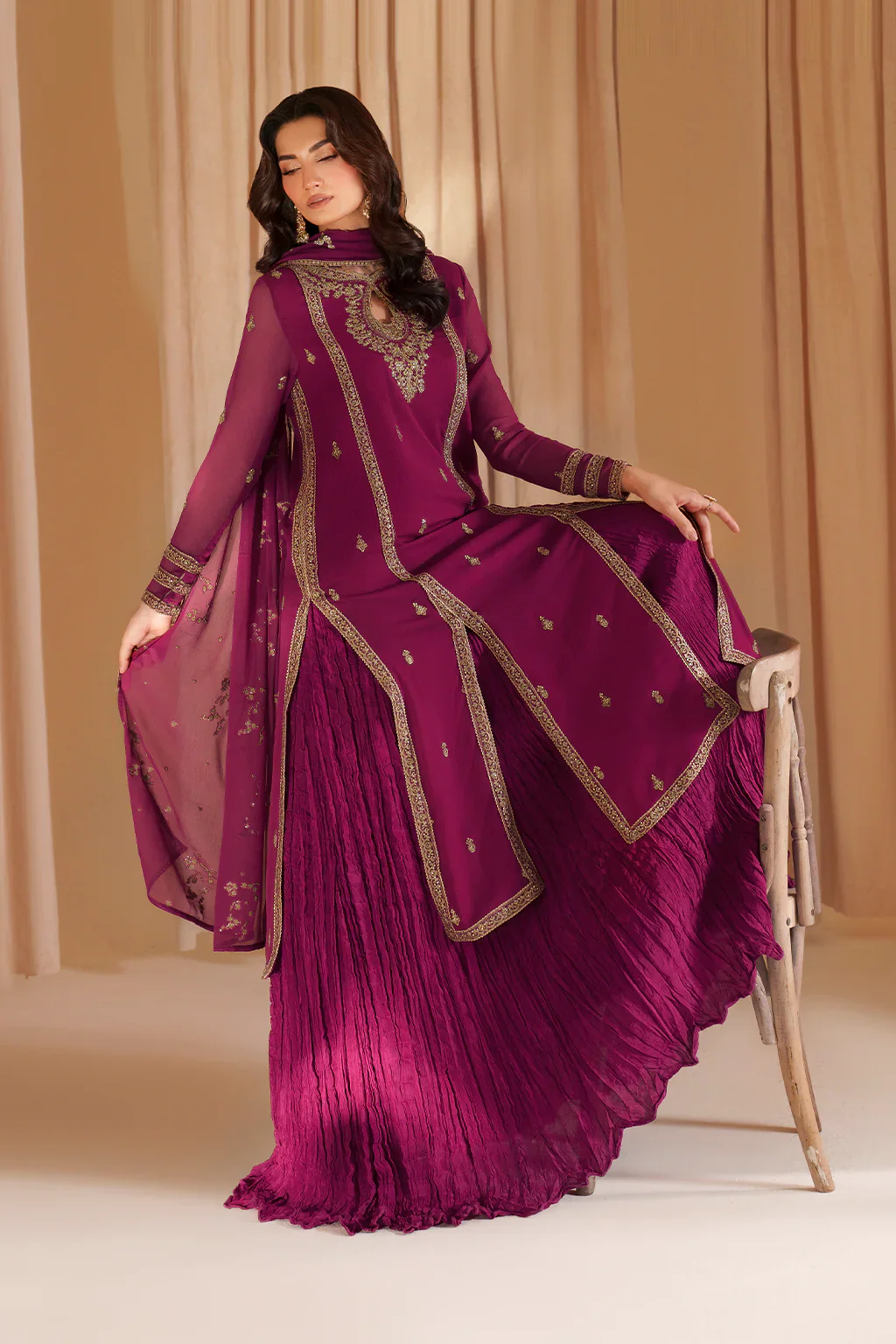 Iznik Luxury Chiffon Embroidered Collection Fuchsia Pink CC 81 - Image 2