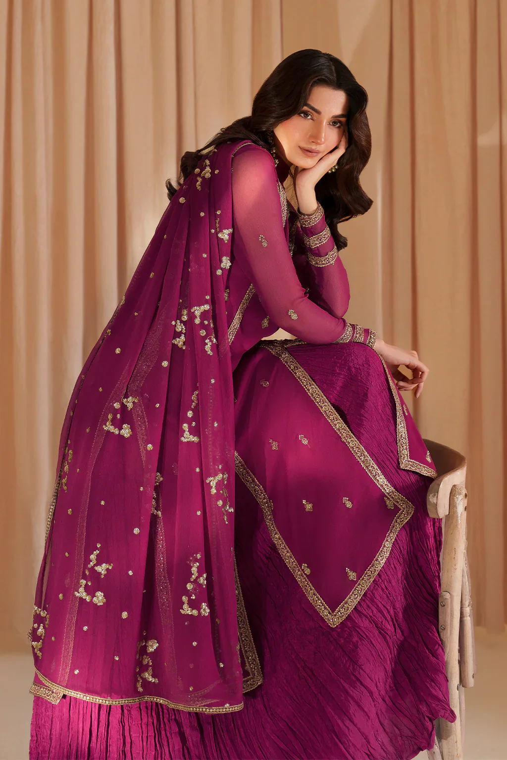Iznik Luxury Chiffon Embroidered Collection Fuchsia Pink CC 81 - Image 6
