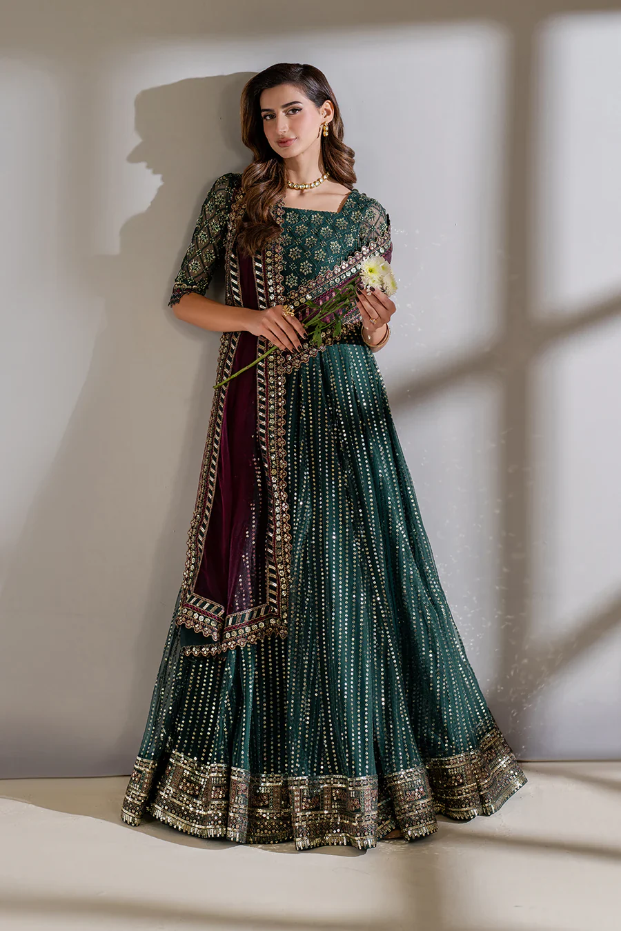 Iznik Meraki Luxury Embroidered Dark Green Luxury Unstitched Net Maxi D-07 - Image 3
