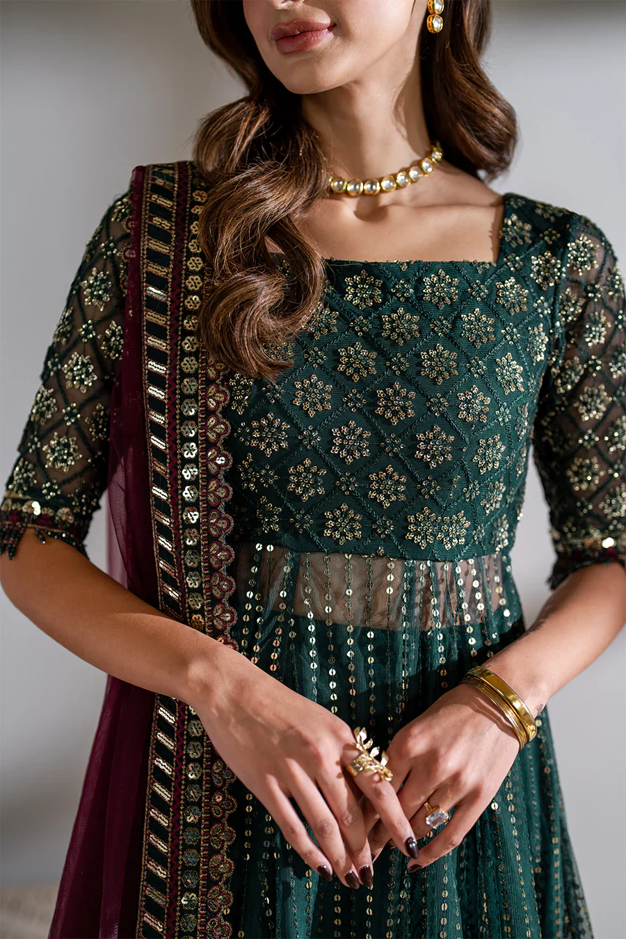 Iznik Meraki Luxury Embroidered Dark Green Luxury Unstitched Net Maxi D-07 - Image 5