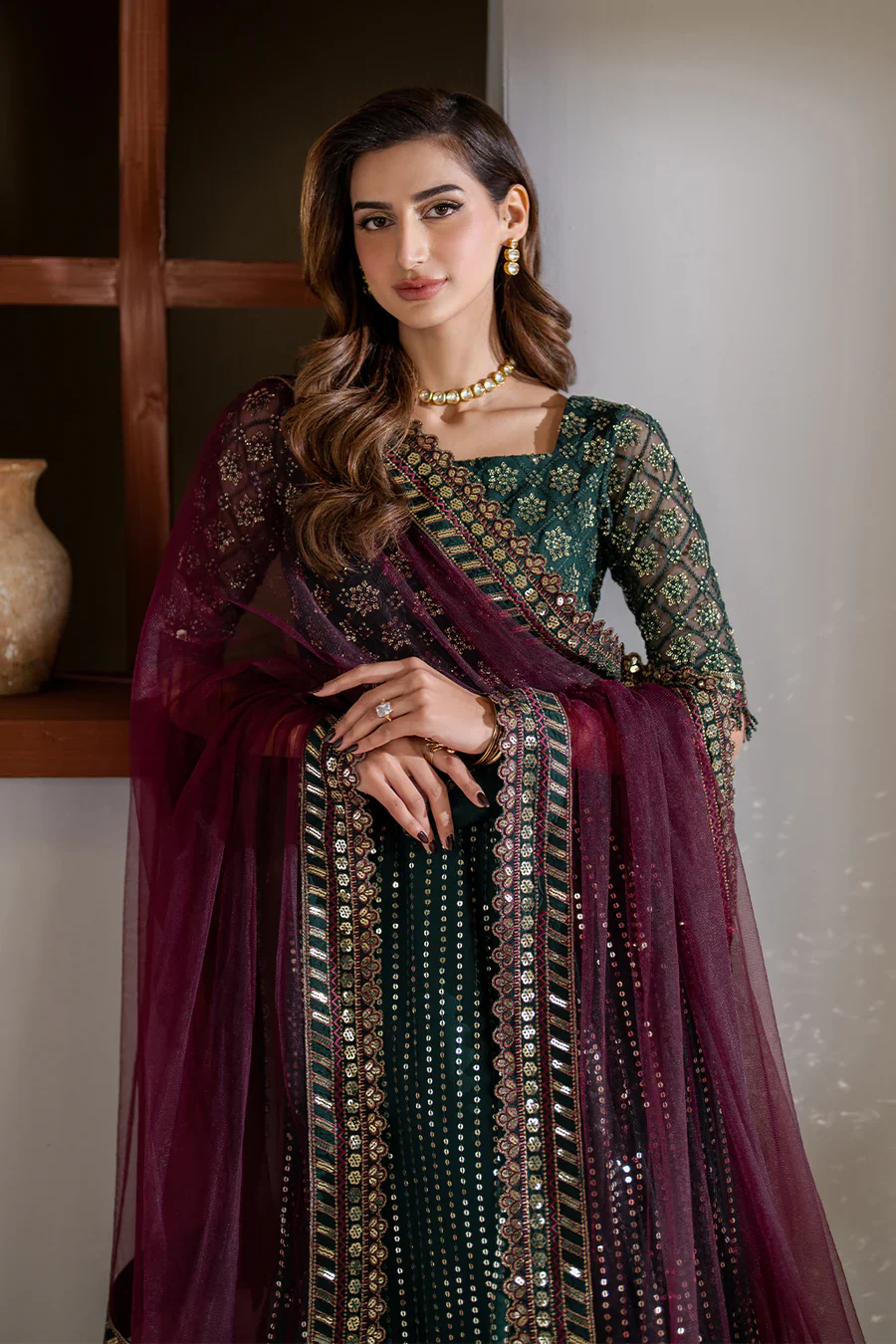Iznik Meraki Luxury Embroidered Dark Green Luxury Unstitched Net Maxi D-07 - Image 6