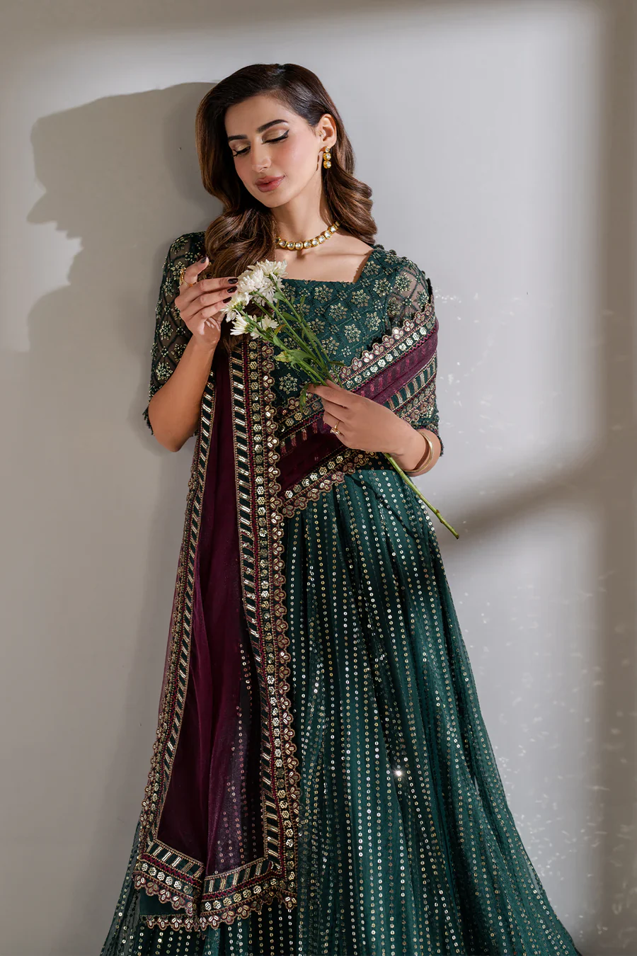 Iznik Meraki Luxury Embroidered Dark Green Luxury Unstitched Net Maxi D-07 - Image 7