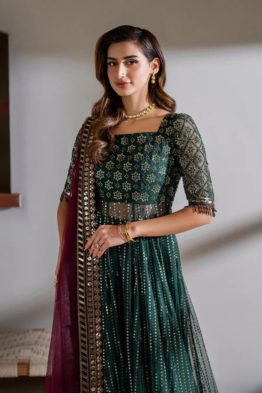 Iznik Meraki Luxury Embroidered Dark Green Luxury Unstitched Net Maxi D-07 - Image 8