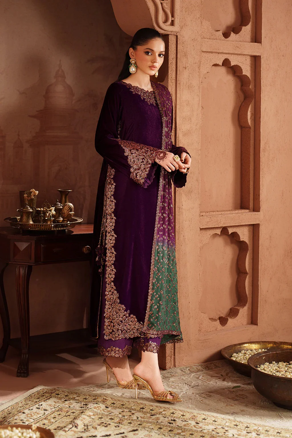 Iznik - Luxury Velvet Embroidered 3 Piece Unstitched - IV-57 - Image 3