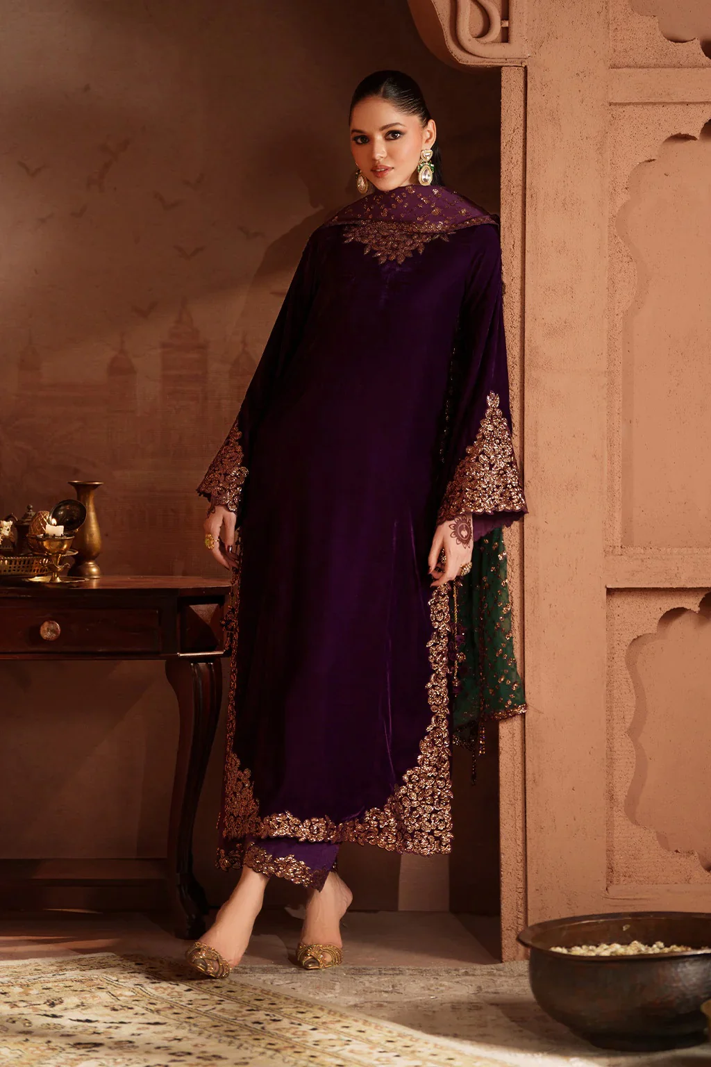 Iznik - Luxury Velvet Embroidered 3 Piece Unstitched - IV-57 - Image 4