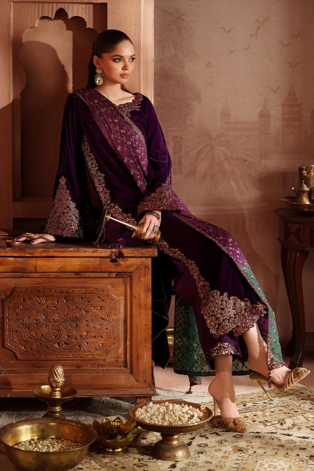 Iznik - Luxury Velvet Embroidered 3 Piece Unstitched - IV-57 - Image 5