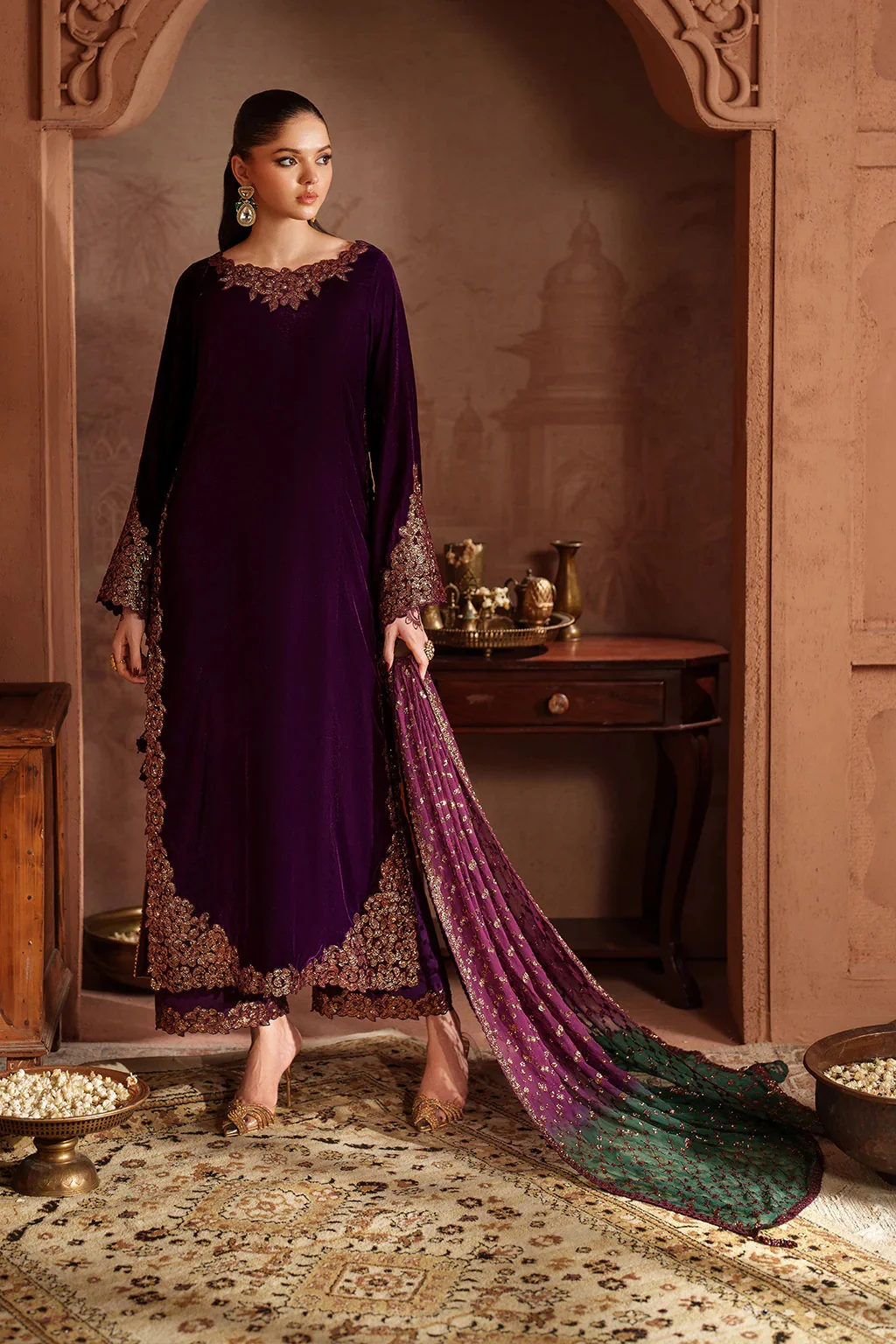 Iznik - Luxury Velvet Embroidered 3 Piece Unstitched - IV-57 - Image 6