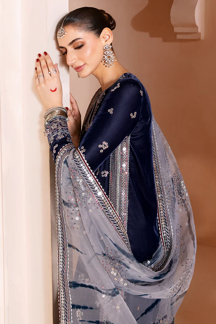 Jazmin Embroidered Velvet Formal 3 Pc Unstitched CVF D-03 Chandni - Image 10