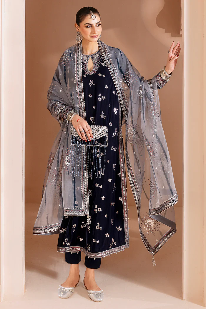 Jazmin Embroidered Velvet Formal 3 Pc Unstitched CVF D-03 Chandni - Image 3