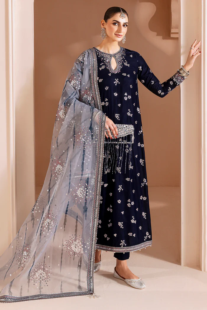 Jazmin Embroidered Velvet Formal 3 Pc Unstitched CVF D-03 Chandni - Image 5