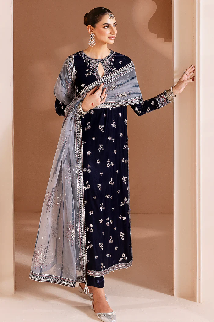 Jazmin Embroidered Velvet Formal 3 Pc Unstitched CVF D-03 Chandni - Image 8