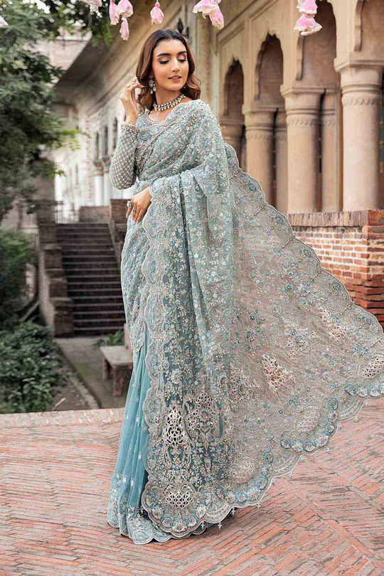Maria.B Couture Net Embroidered Saree Fully Hand Emblishment MC-1011 - Image 3