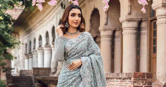 Maria.B Couture Net Embroidered Saree Fully Hand Emblishment MC-1011 - Image 5