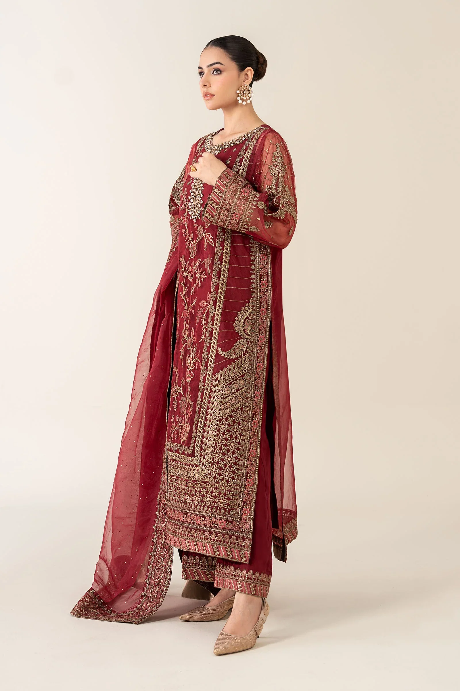 Maria.B Luxry Raw Silk Hand Embellishment Suit SF-PF26-08 Maroon - Image 3