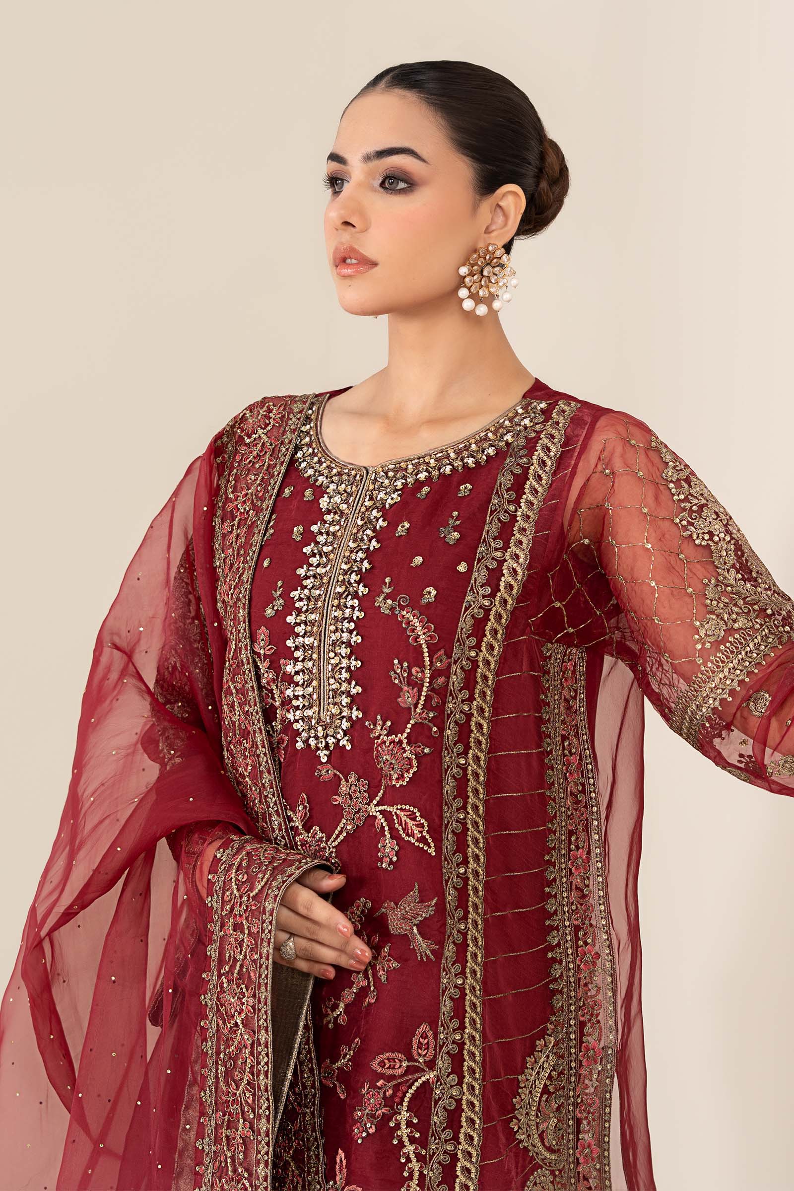 Maria.B Luxry Raw Silk Hand Embellishment Suit SF-PF26-08 Maroon - Image 5
