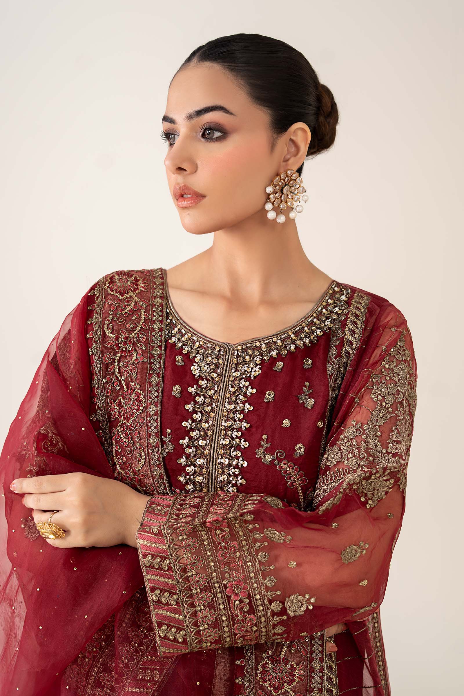 Maria.B Luxry Raw Silk Hand Embellishment Suit SF-PF26-08 Maroon - Image 6