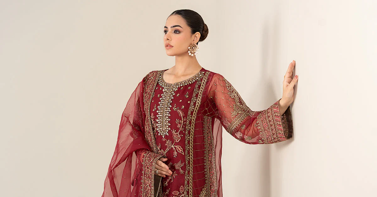 Maria.B Luxry Raw Silk Hand Embellishment Suit SF-PF26-08 Maroon - Image 7