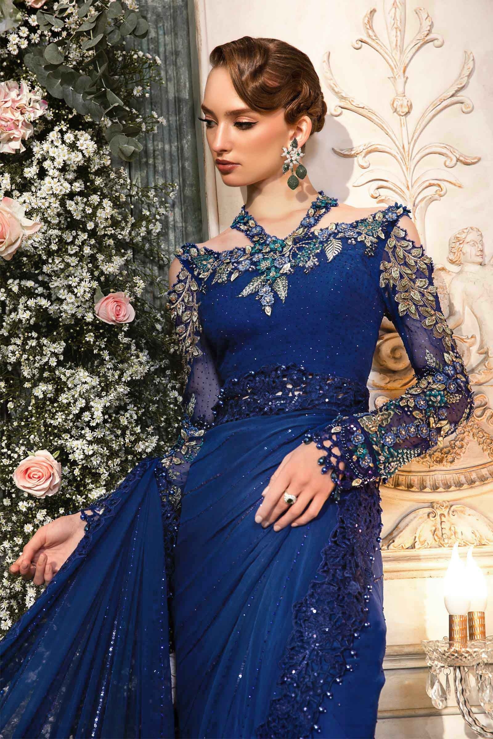 Maria.B - Luxury Pure Chiffon Embroidered 3 Piece Unstitched - Cobalt Blue BD-2704 - Image 10