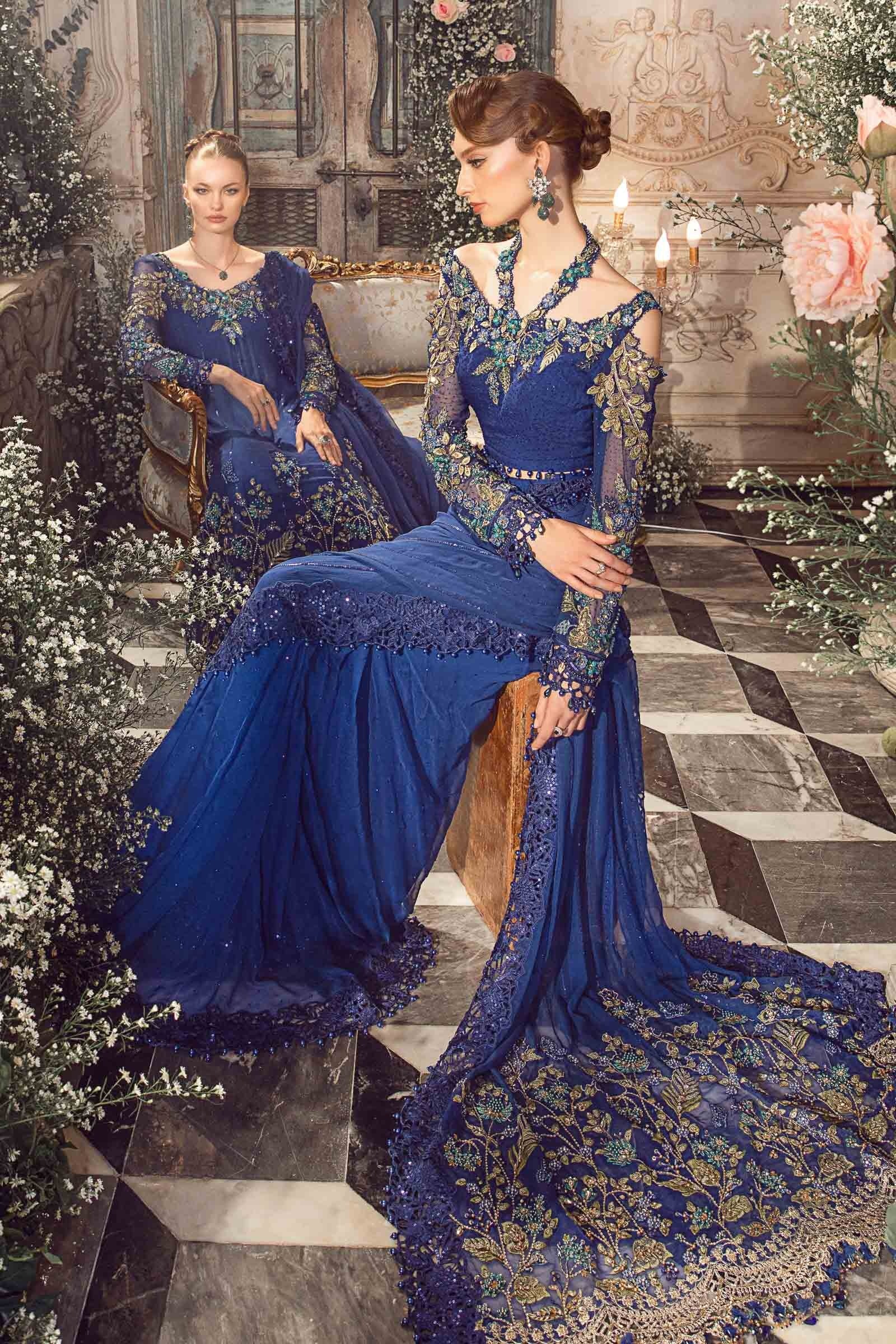 Maria.B - Luxury Pure Chiffon Embroidered 3 Piece Unstitched - Cobalt Blue BD-2704 - Image 11