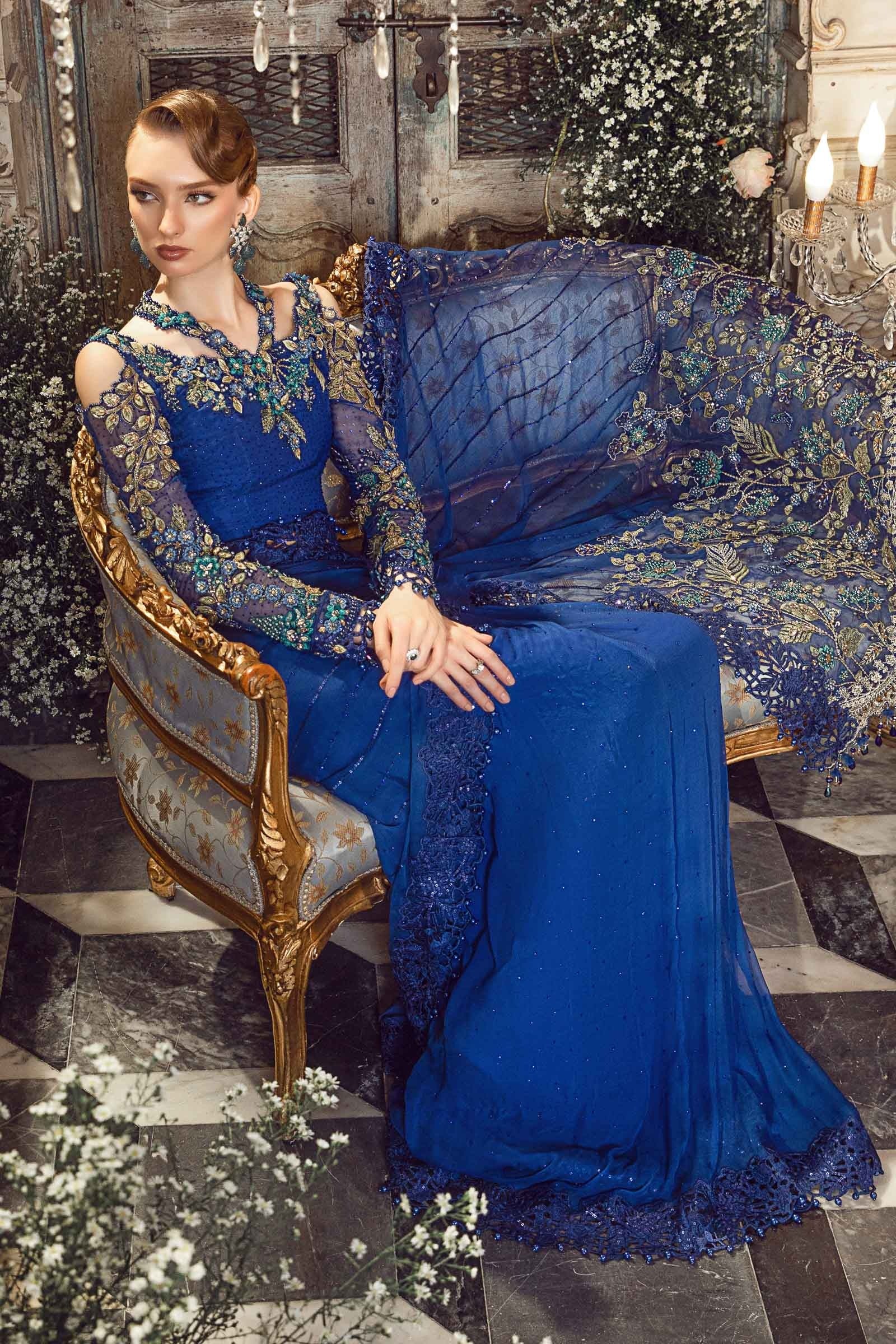 Maria.B - Luxury Pure Chiffon Embroidered 3 Piece Unstitched - Cobalt Blue BD-2704 - Image 12