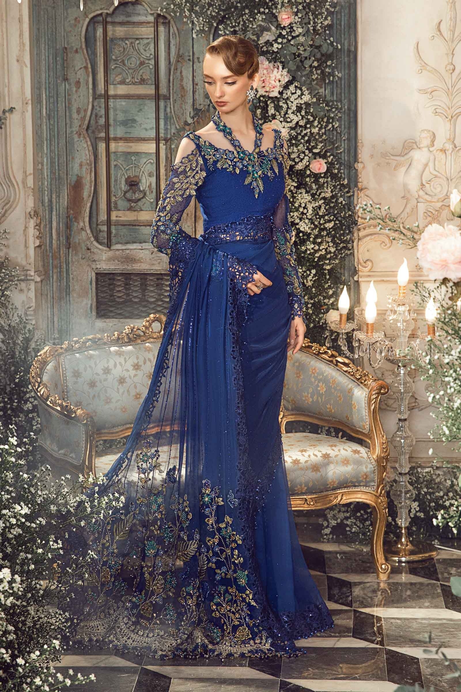 Maria.B - Luxury Pure Chiffon Embroidered 3 Piece Unstitched - Cobalt Blue BD-2704 - Image 4