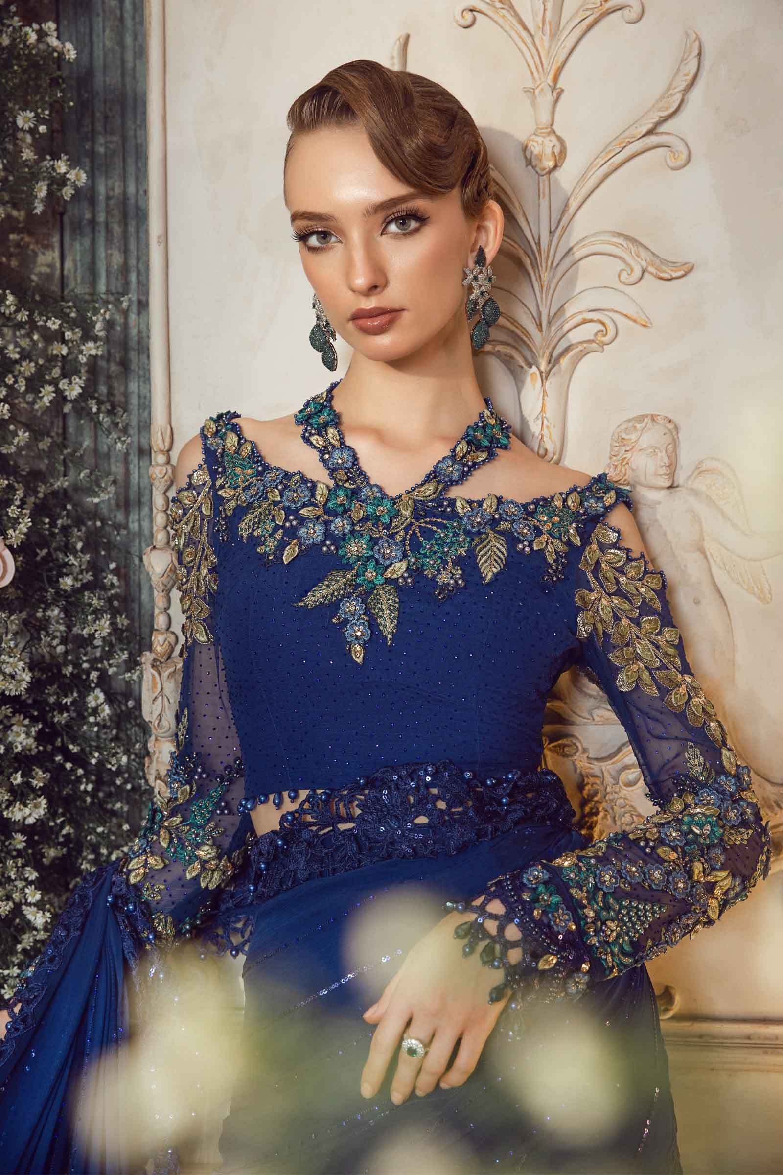 Maria.B - Luxury Pure Chiffon Embroidered 3 Piece Unstitched - Cobalt Blue BD-2704 - Image 6