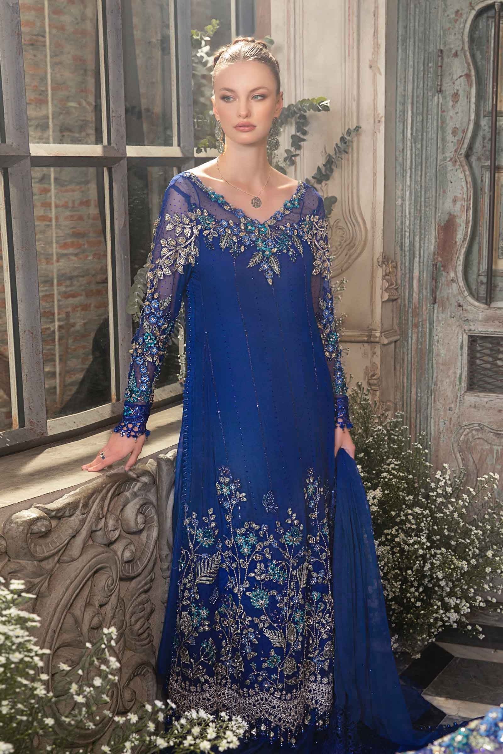 Maria.B - Luxury Pure Chiffon Embroidered 3 Piece Unstitched - Cobalt Blue BD-2704 - Image 7