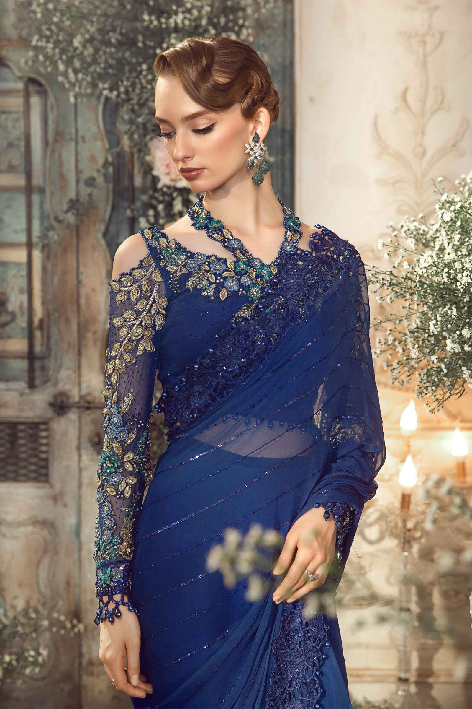 Maria.B - Luxury Pure Chiffon Embroidered 3 Piece Unstitched - Cobalt Blue BD-2704 - Image 9