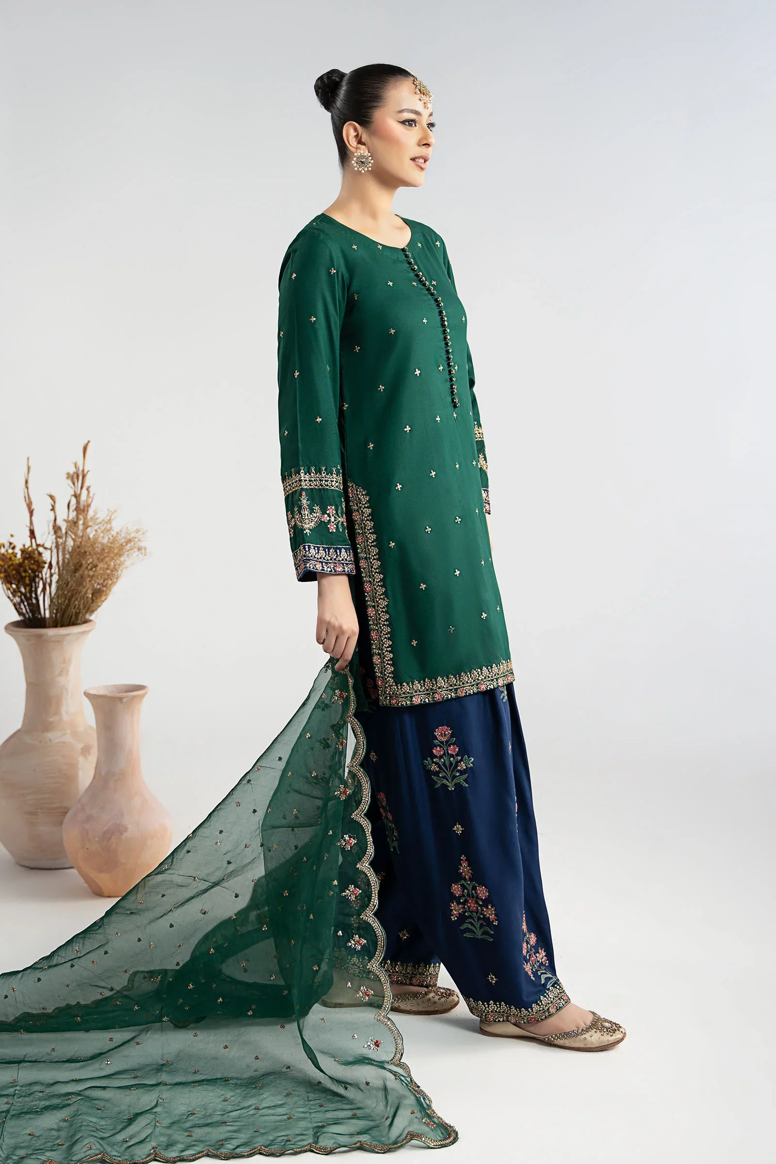 Maria.B Luxury Raw Silk Embroidered 3 Piece Unstitched Green - Image 3