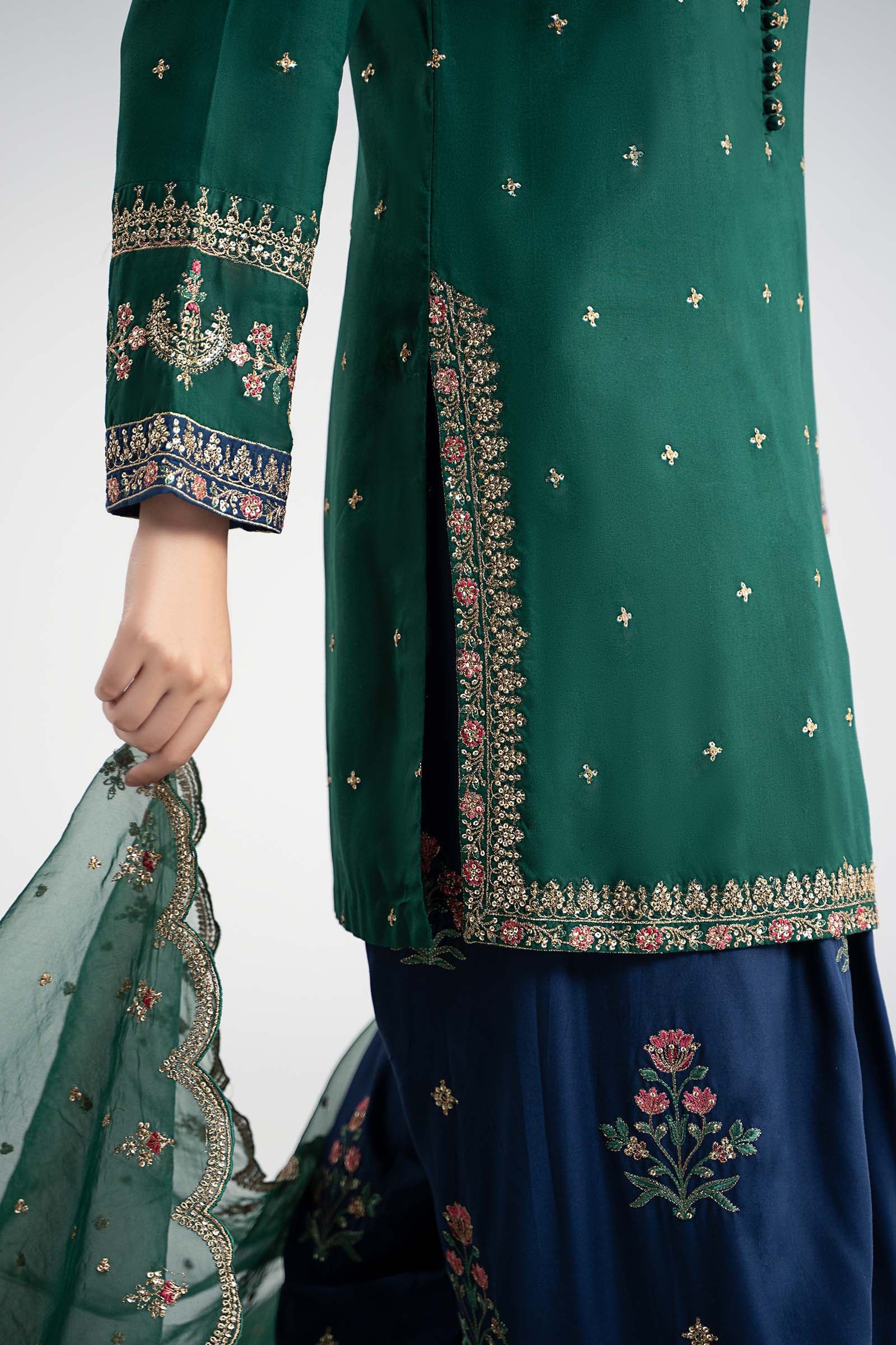 Maria.B Luxury Raw Silk Embroidered 3 Piece Unstitched Green - Image 5