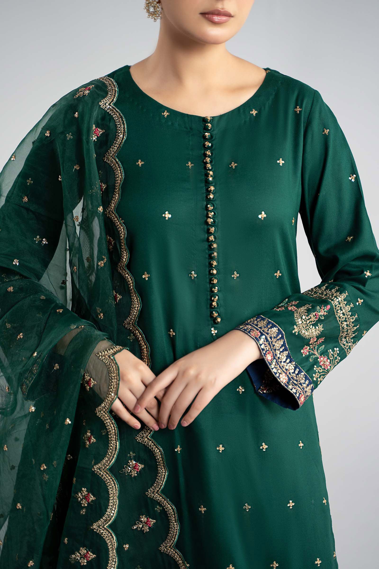 Maria.B Luxury Raw Silk Embroidered 3 Piece Unstitched Green - Image 6