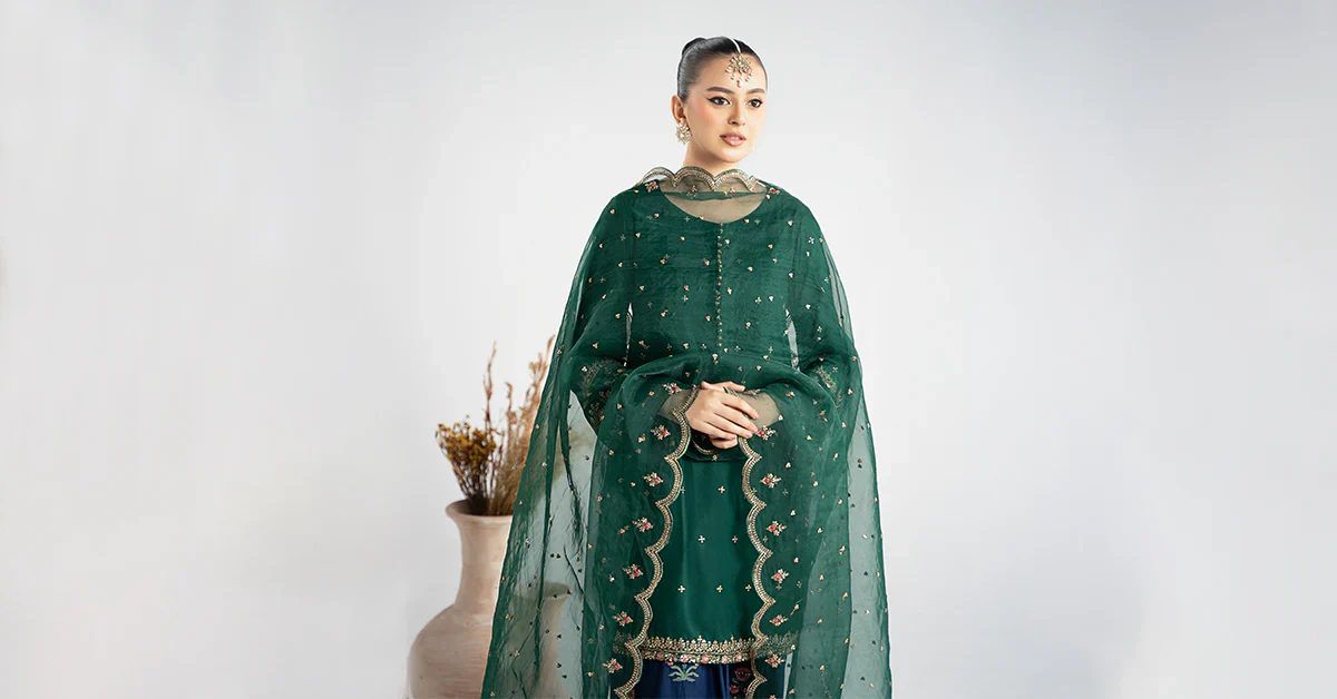 Maria.B Luxury Raw Silk Embroidered 3 Piece Unstitched Green - Image 8