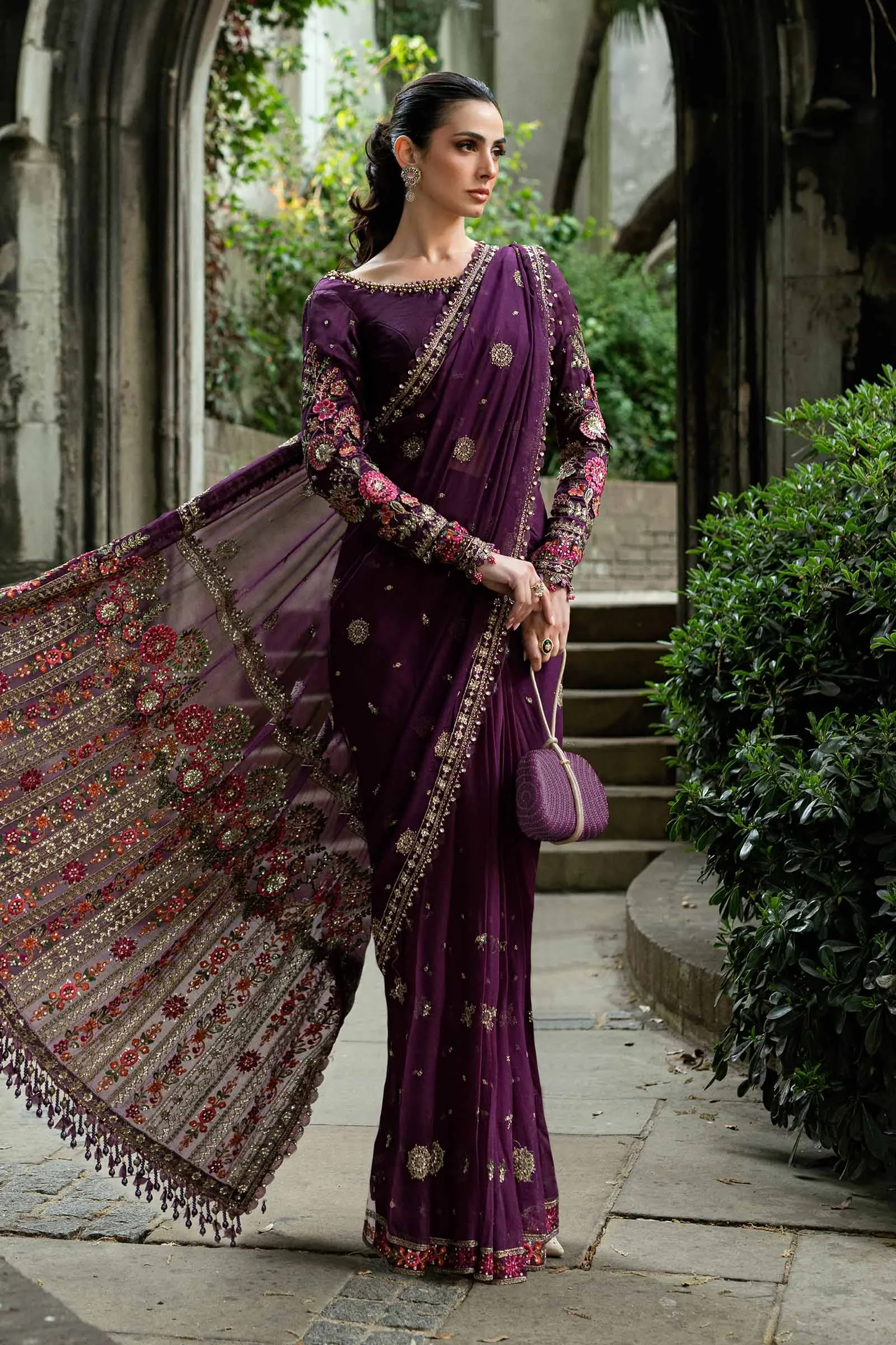 Maria.B Soiree Embroidered Pure Chiffon Unstitched Saree WF-09-01 - Image 3