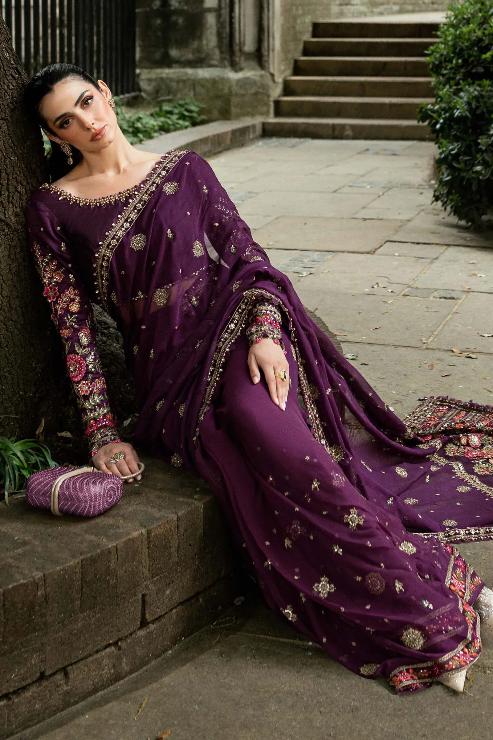 Maria.B Soiree Embroidered Pure Chiffon Unstitched Saree WF-09-01 - Image 5
