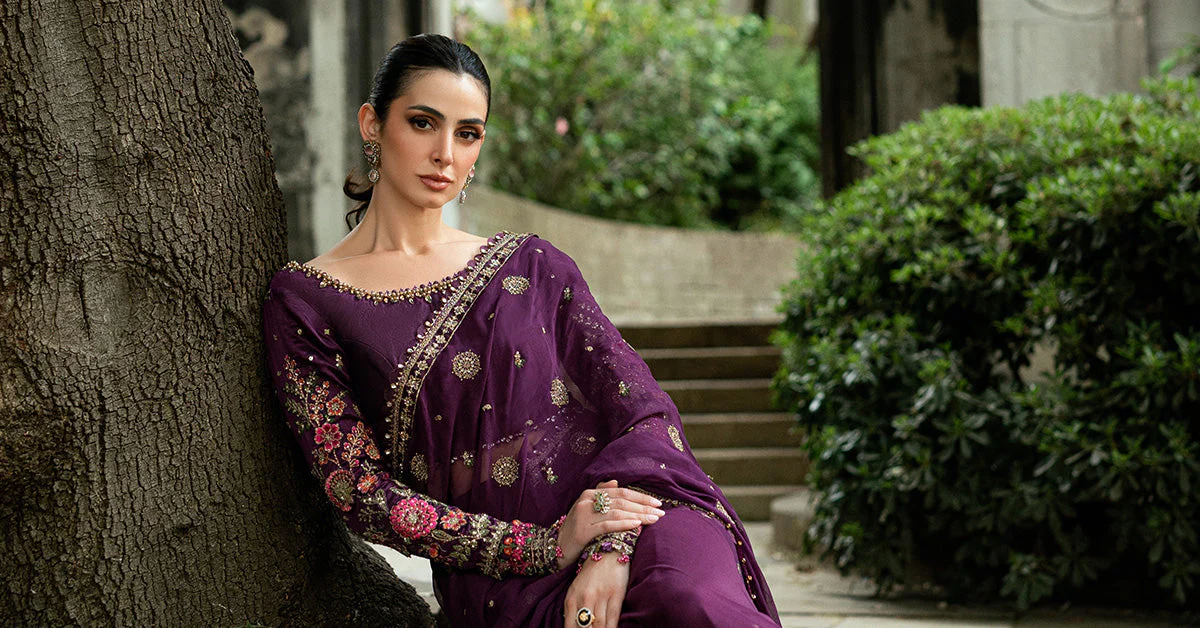 Maria.B Soiree Embroidered Pure Chiffon Unstitched Saree WF-09-01 - Image 6
