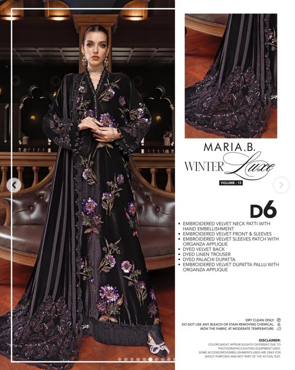Maria.B Winter Luxe Embroidered Velvet Unstitched 3Pc Suit D-06 With Palaichi Shawl - Image 3
