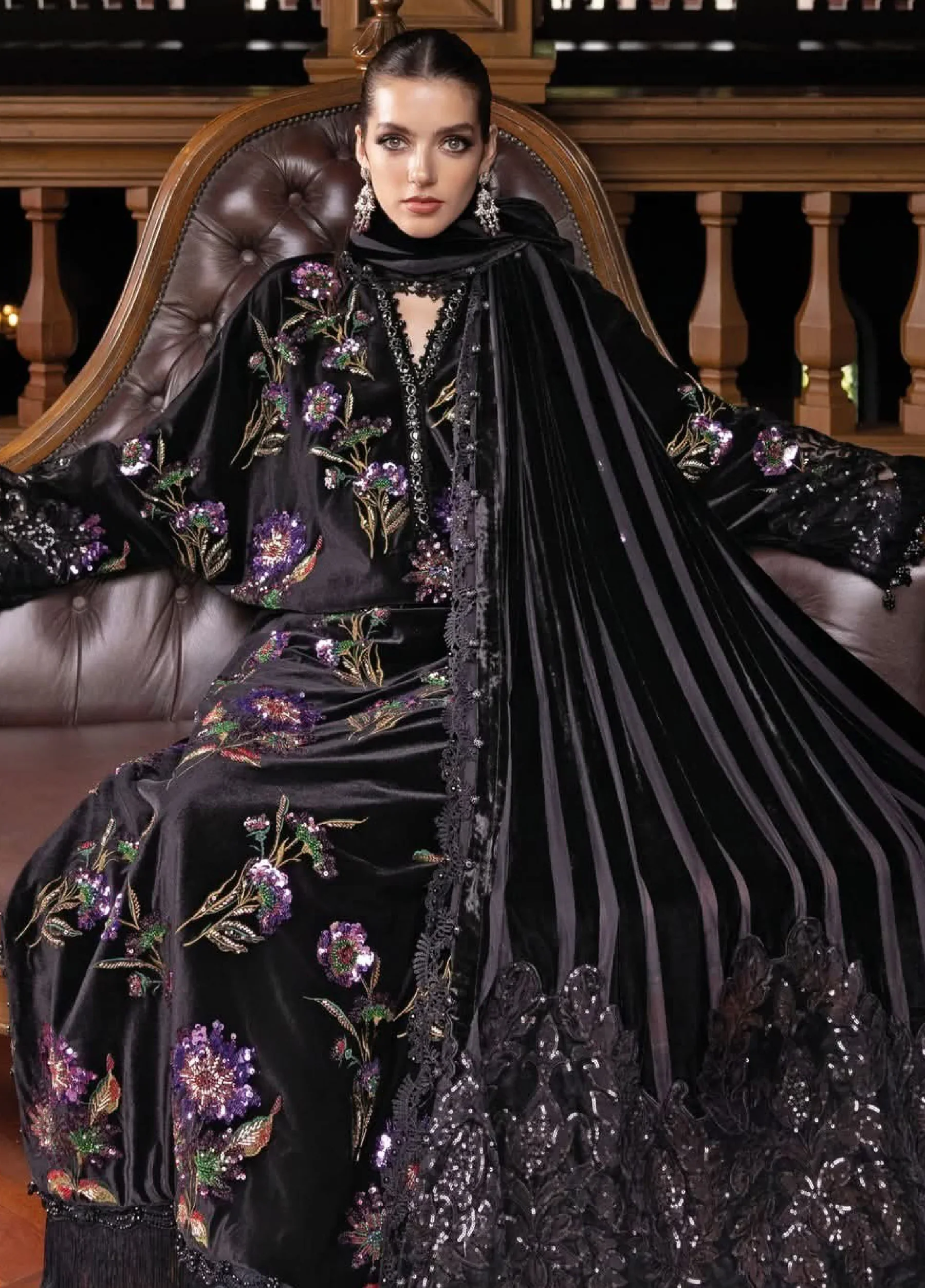 Maria.B Winter Luxe Embroidered Velvet Unstitched 3Pc Suit D-06 With Palaichi Shawl - Image 4