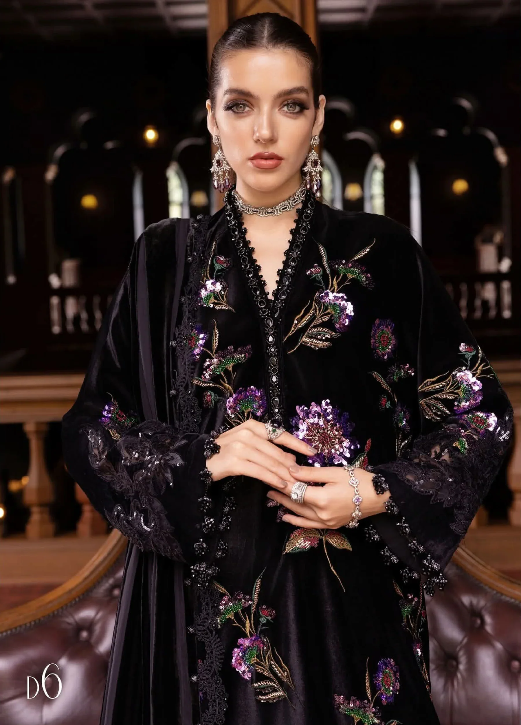 Maria.B Winter Luxe Embroidered Velvet Unstitched 3Pc Suit D-06 With Palaichi Shawl - Image 9