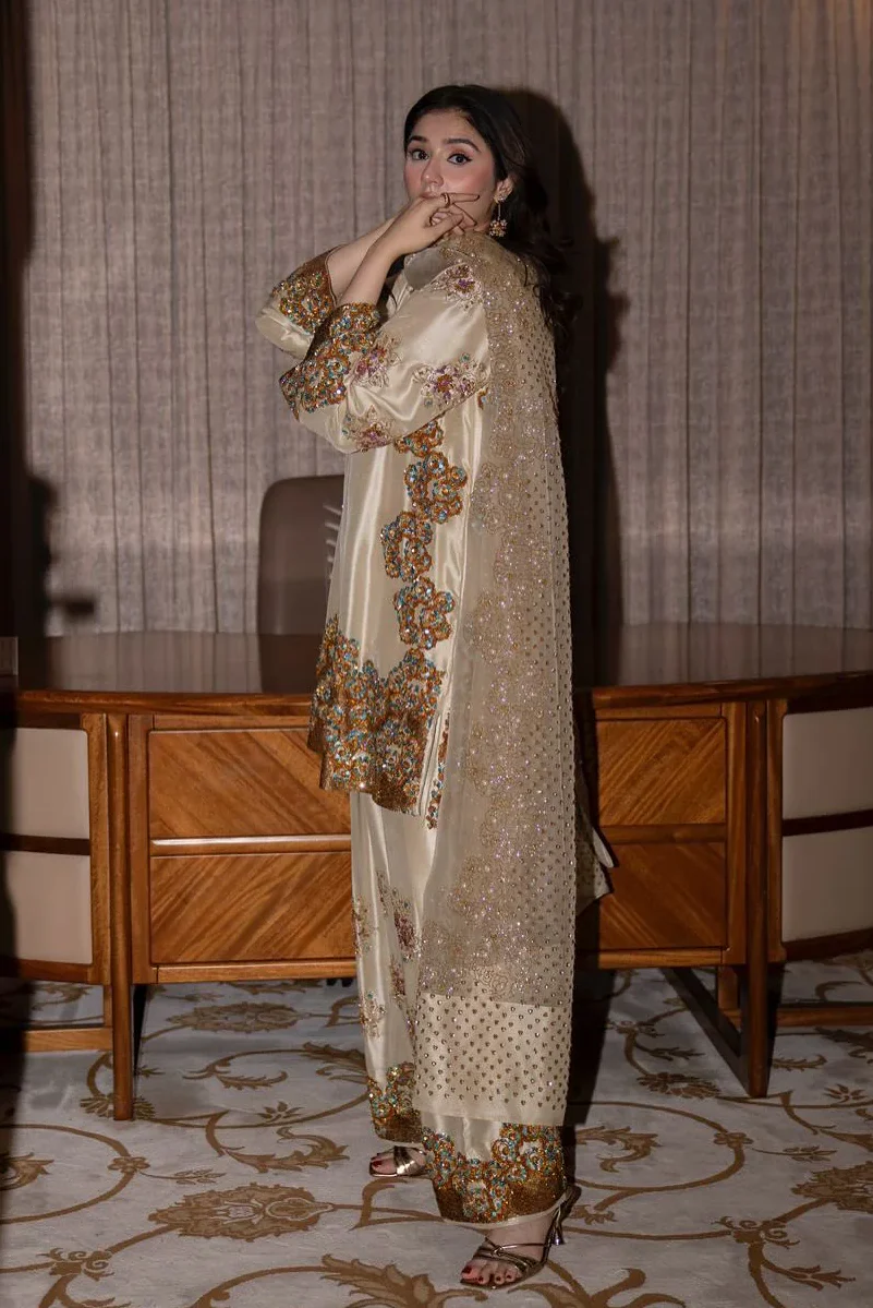 Muse Lambs Crème Embellished Raw Silk Addawork Hand Embellished Wedding Collection-Beige - Image 2