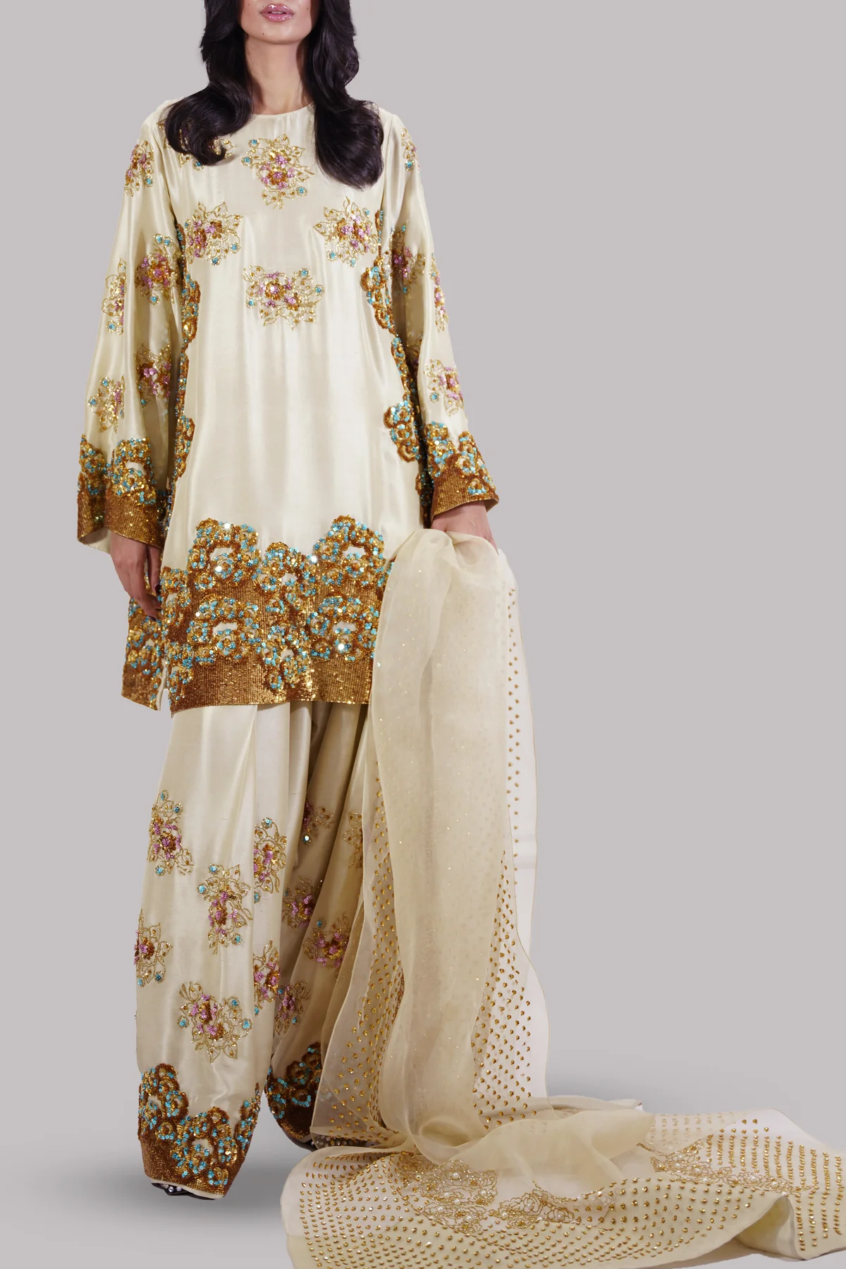 Muse Lambs Crème Embellished Raw Silk Addawork Hand Embellished Wedding Collection-Beige - Image 3