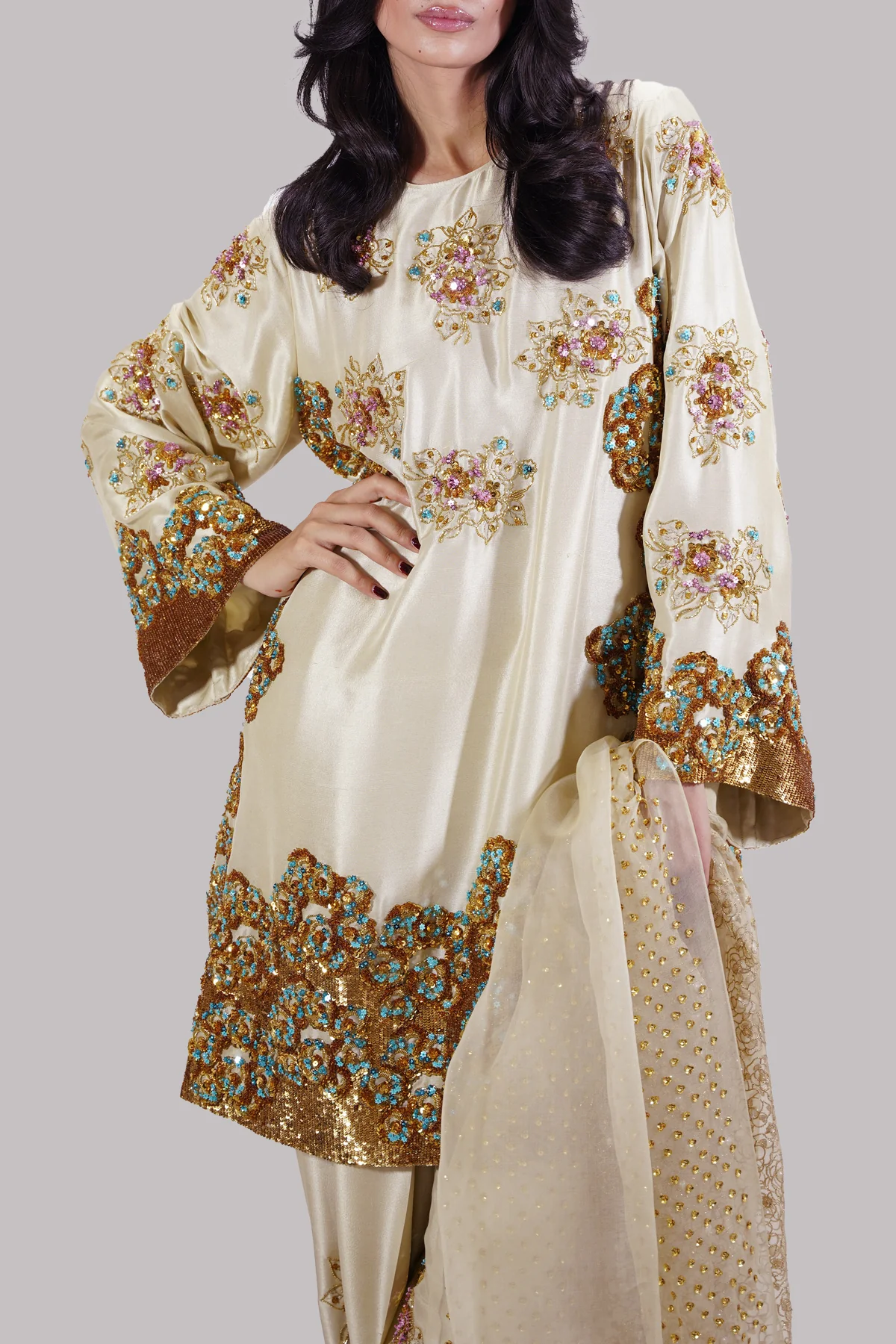 Muse Lambs Crème Embellished Raw Silk Addawork Hand Embellished Wedding Collection-Beige - Image 4