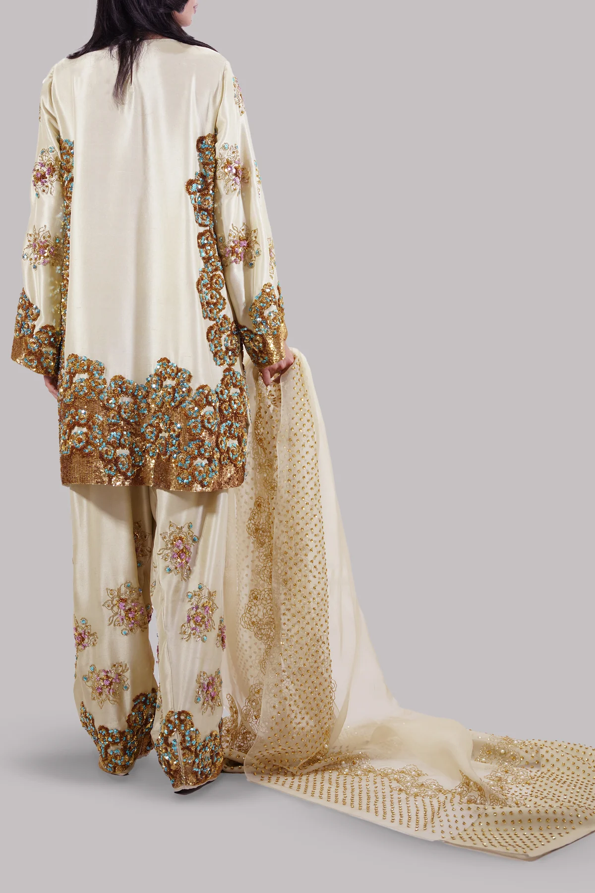 Muse Lambs Crème Embellished Raw Silk Addawork Hand Embellished Wedding Collection-Beige - Image 5