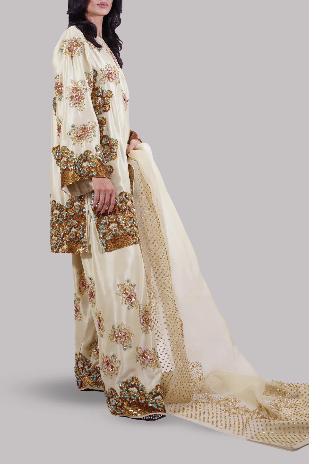 Muse Lambs Crème Embellished Raw Silk Addawork Hand Embellished Wedding Collection-Beige - Image 6