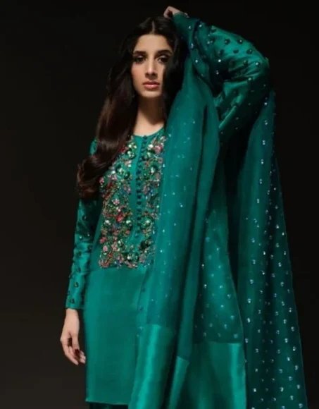Muse Luxury Raw Silk Handmade Emerald Green Unstitched 3 Pieces With Potli - Image 3