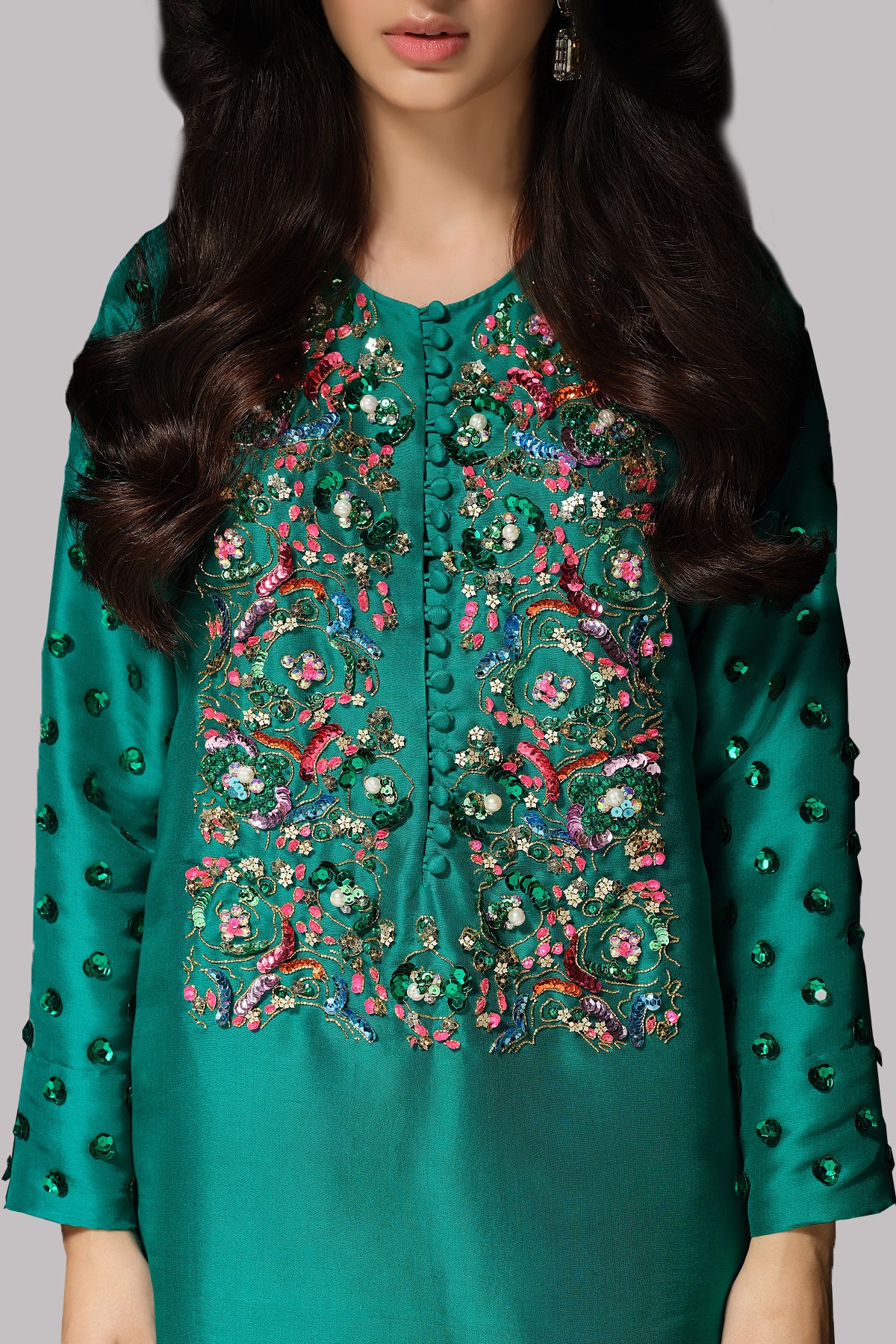 Muse Luxury Raw Silk Handmade Emerald Green Unstitched 3 Pieces With Potli - Image 4